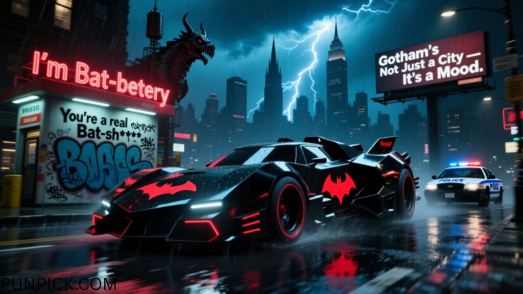 Batmobile and Gotham City Puns